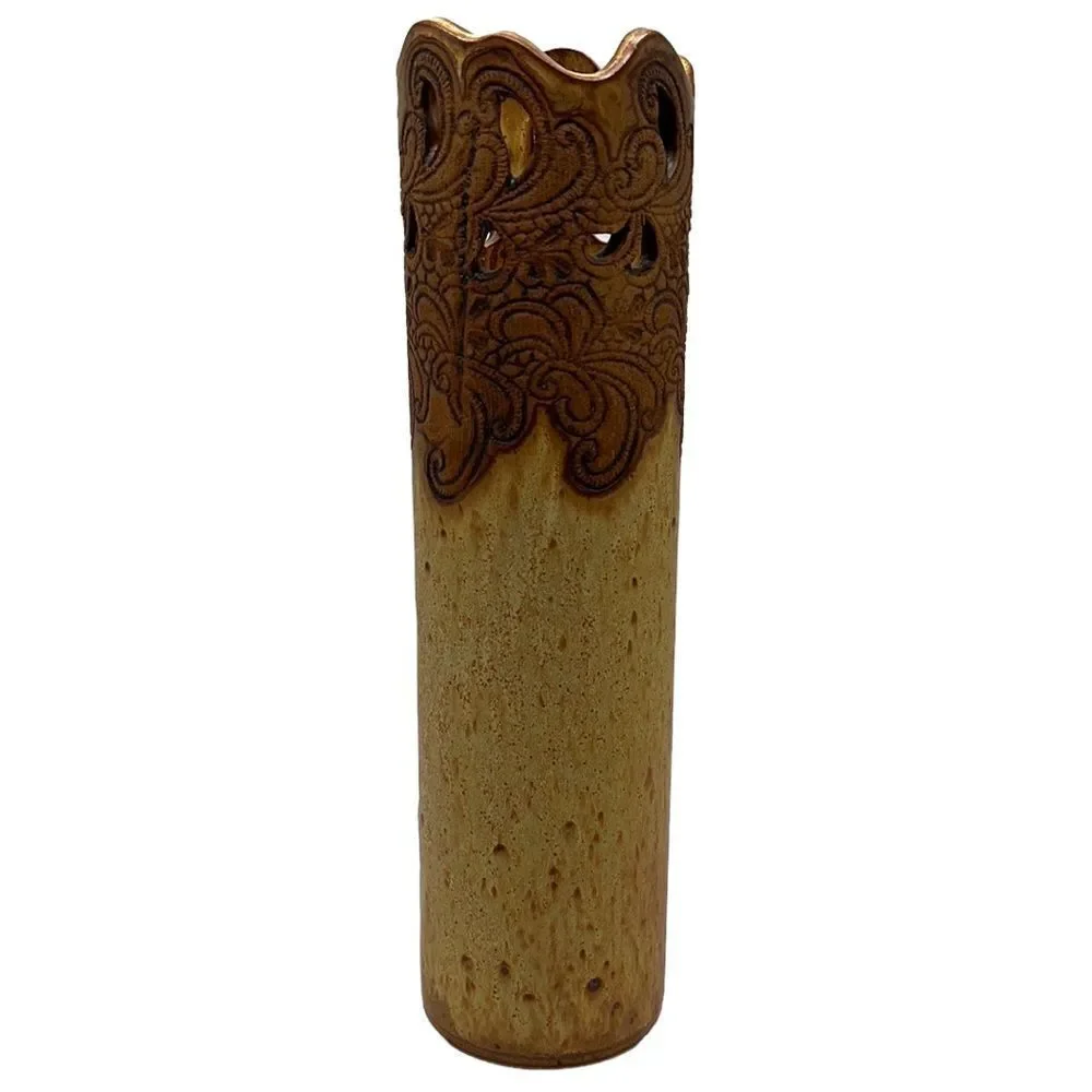Vase Stoneware Etched Flowers Bohemian Tall 13